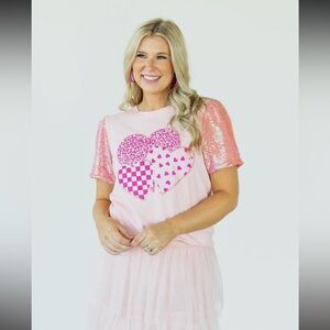 Pink Sequin Heart Graphic Tee